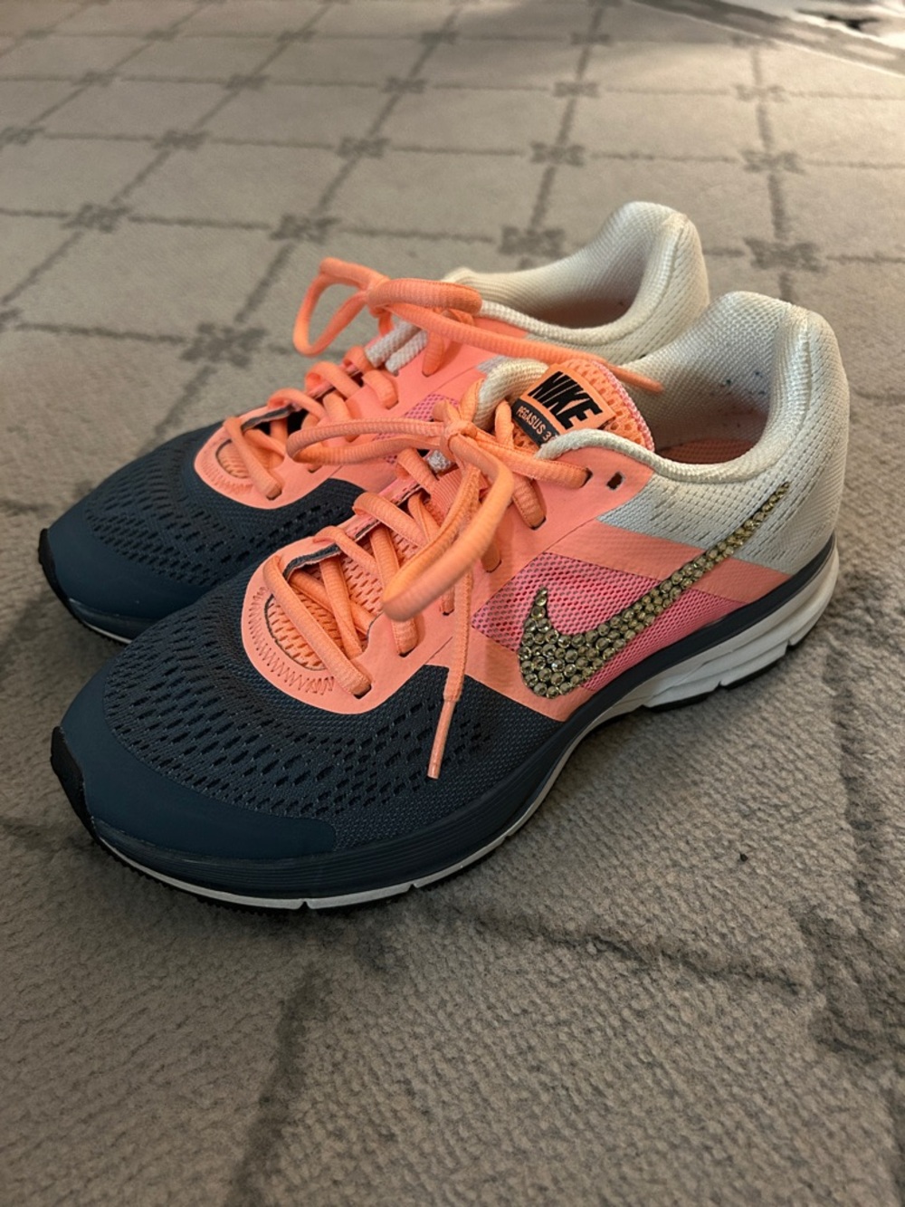 Nike Woman’s Air Pegasus 3 Running Sneakers Featuring Custom Rhinestone Swoosh